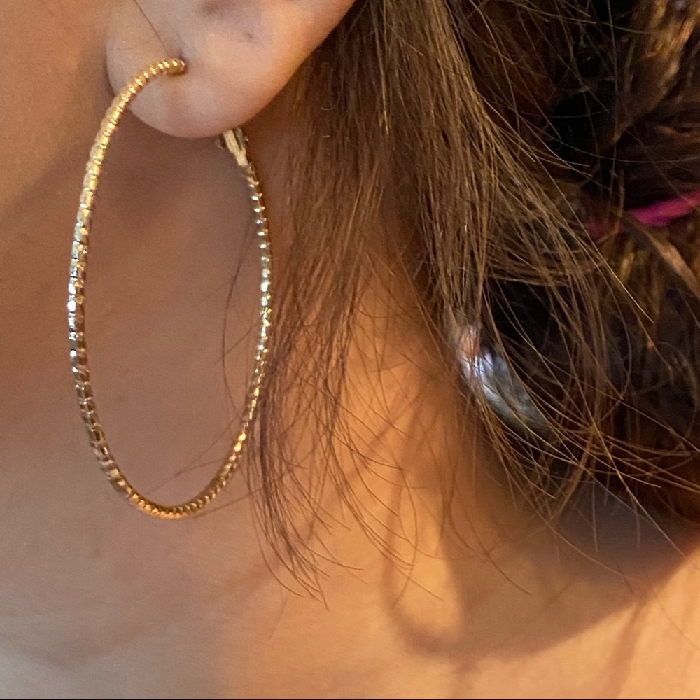 Gold statement fashion hoop earrings/big circle/minimalist textured bohemian - Picture 2 of 7